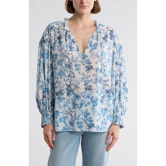 ALICE + OLIVIA Julius Tie Neck Blouson Sleeve Stretch Silk Top - Picture 1 of 7